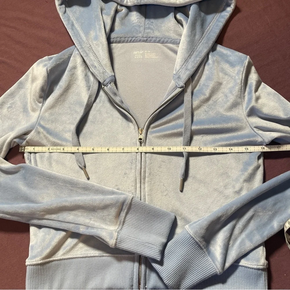 Aerie Dreamy Velour Cropped Hoodie in Baby Blue - Size XS Full Zip Light Jacket